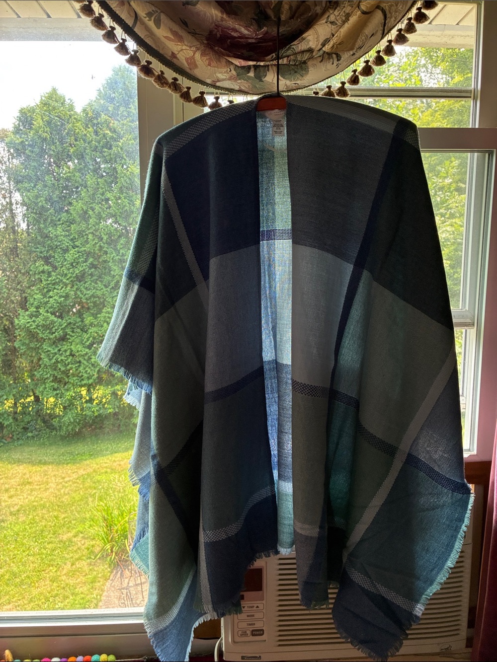 LC Lauren Conrad Blue and Green Plaid Cape Poncho